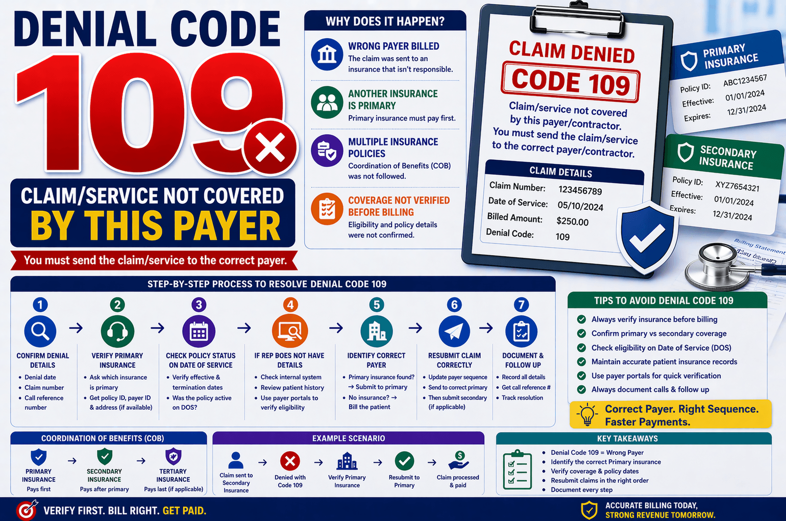 Denial code 109 in medical billing claim not covered by this payer