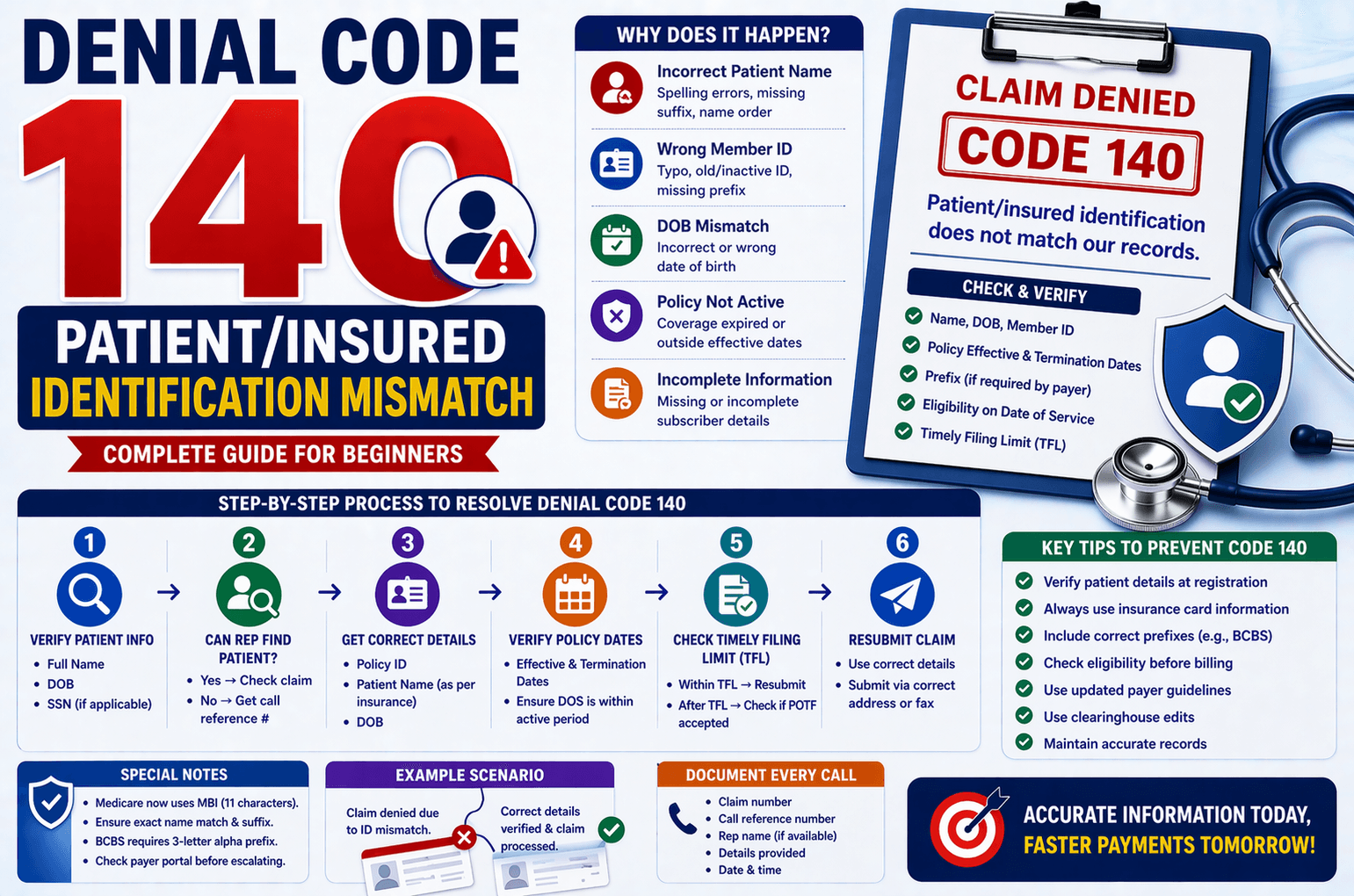 Denial code 140 in medical billing due to patient identification mismatch