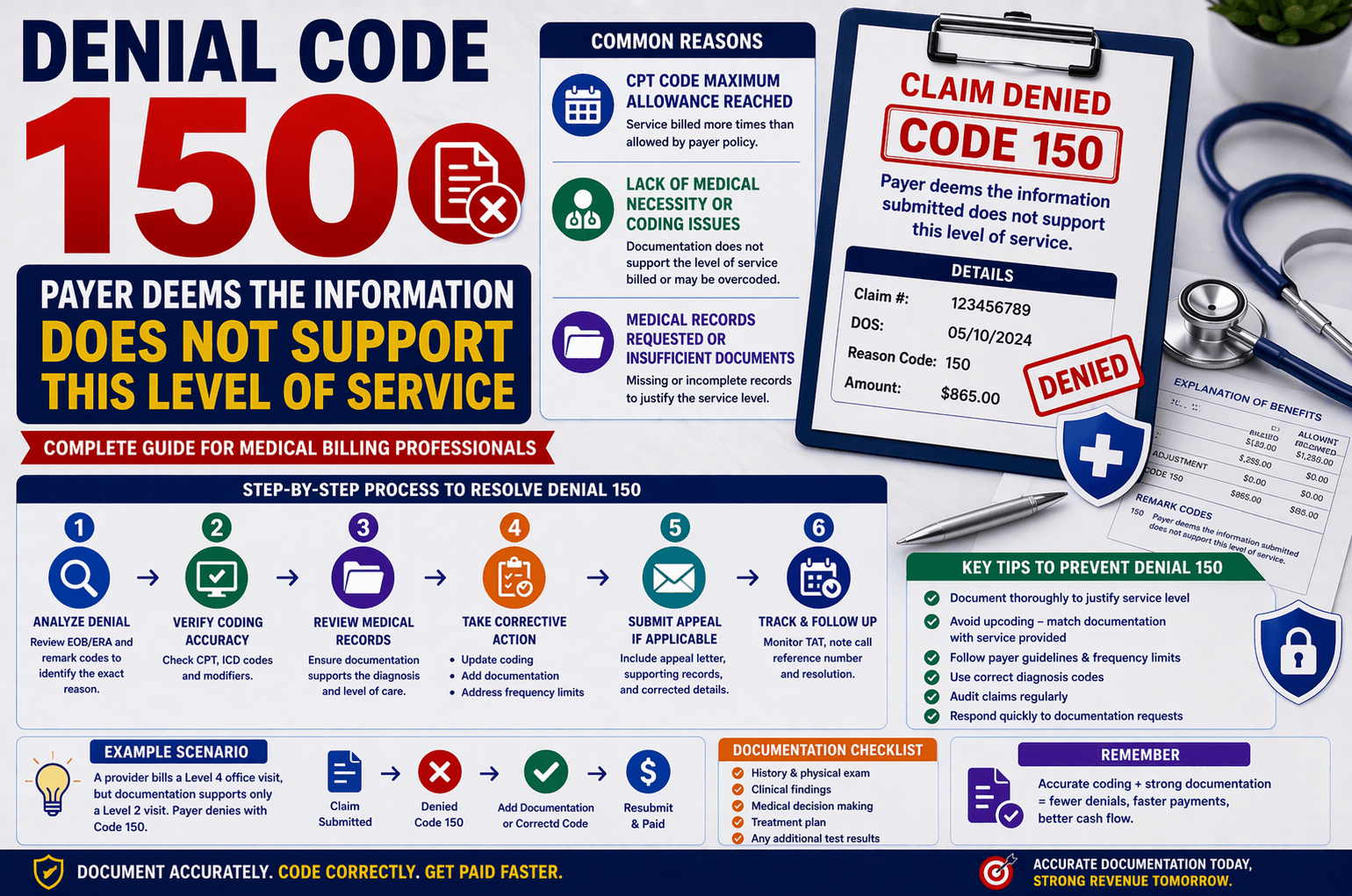 Denial code 150 in medical billing level of service not supported by documentation