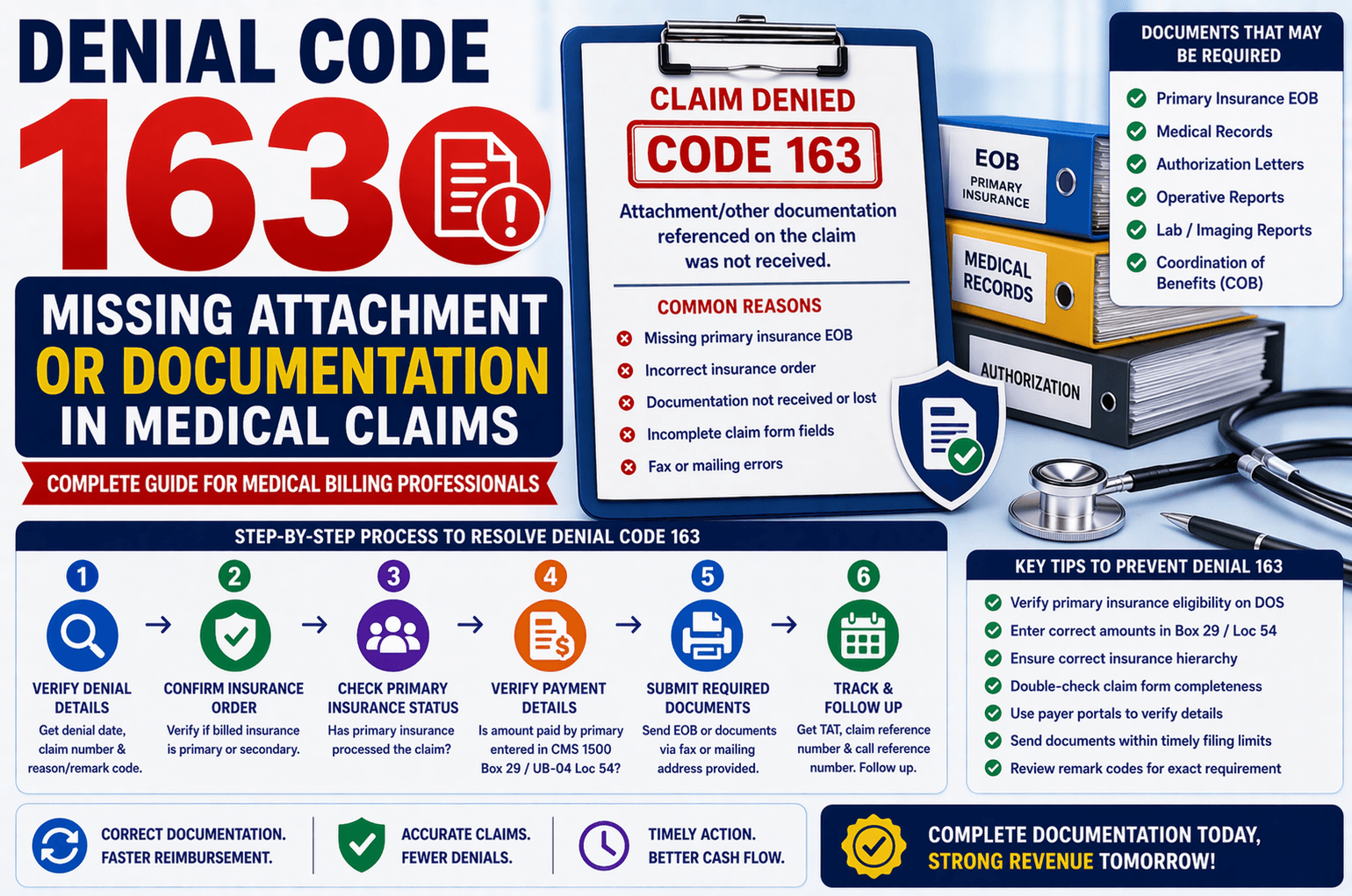 Denial code 163 in medical billing due to missing attachment or documentation