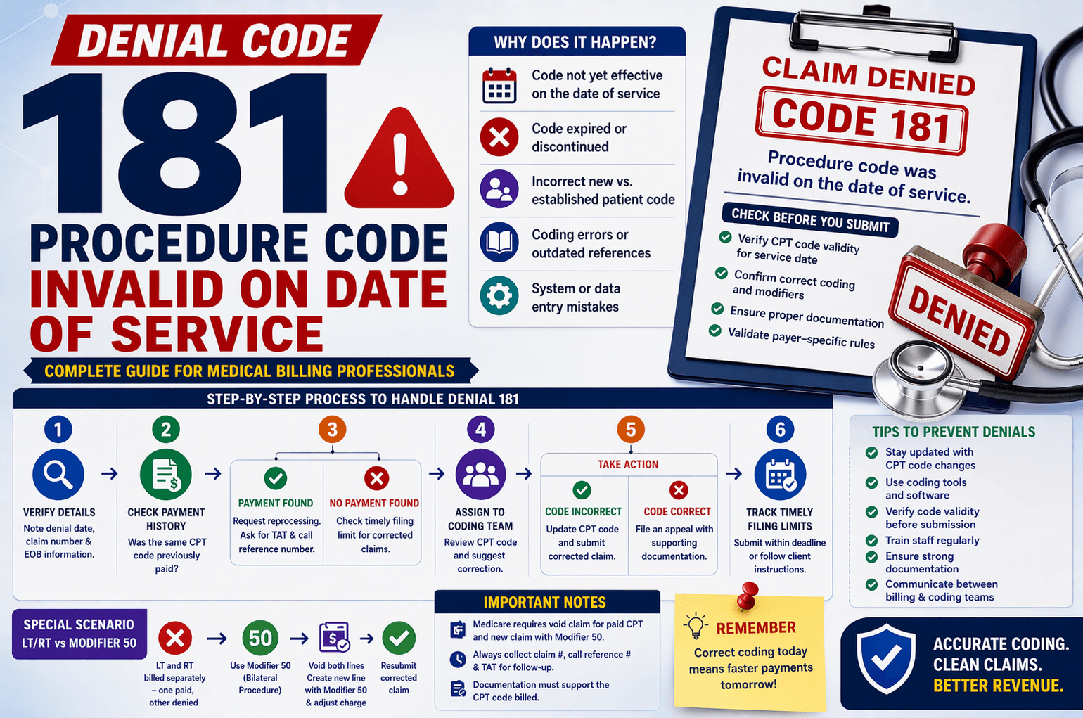 Denial code 181 in medical billing procedure code invalid on date of service