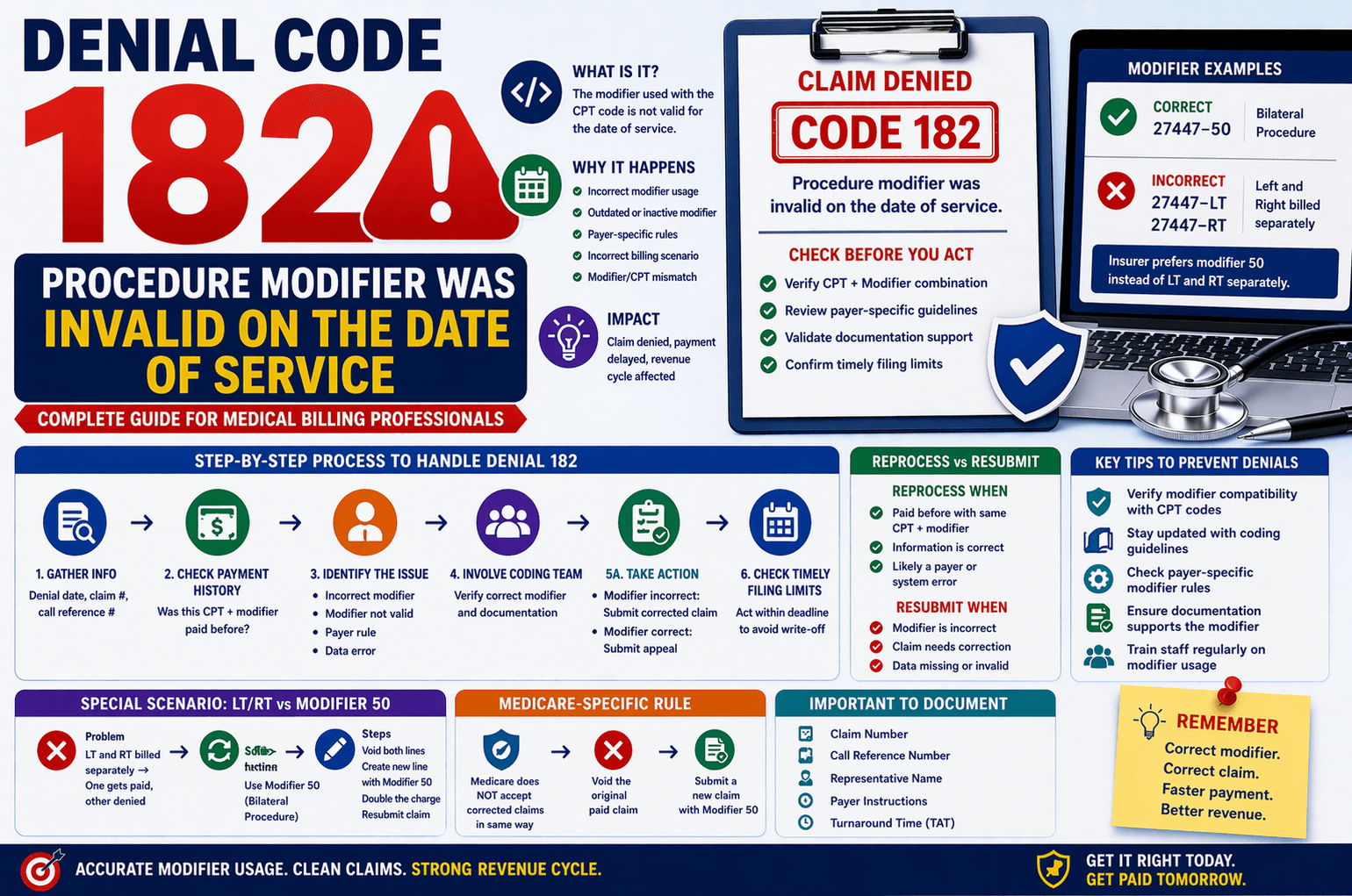 Denial code 182 in medical billing invalid procedure modifier on date of service