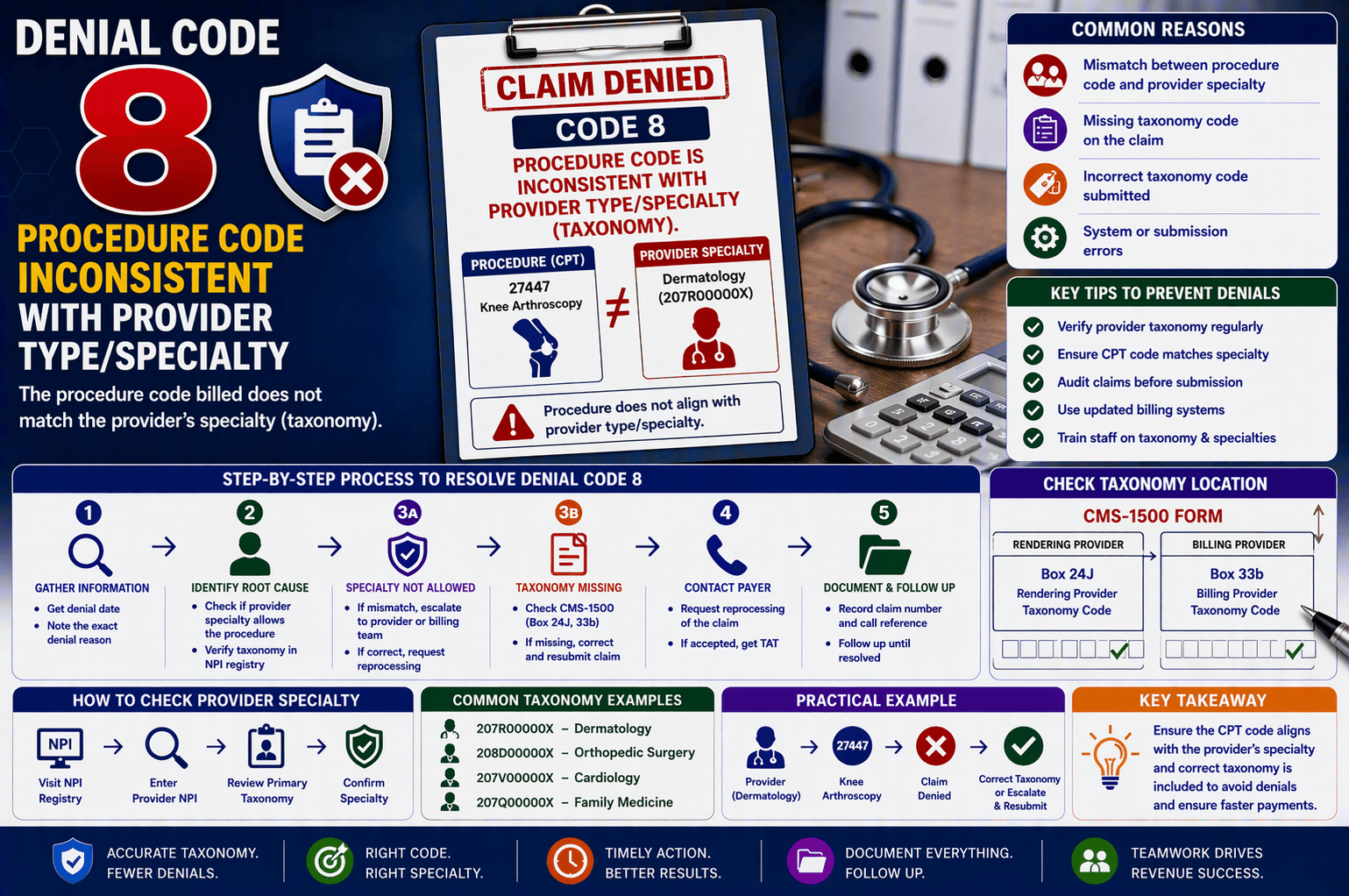 denial code 8 procedure inconsistent with provider specialty taxonomy medical billing