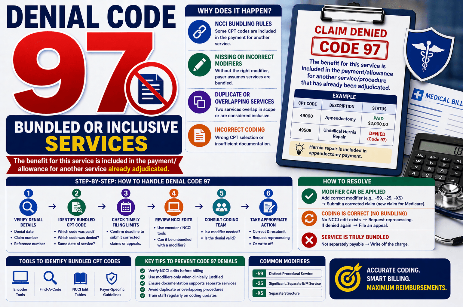 Denial code 97 in medical billing bundled services not paid separately