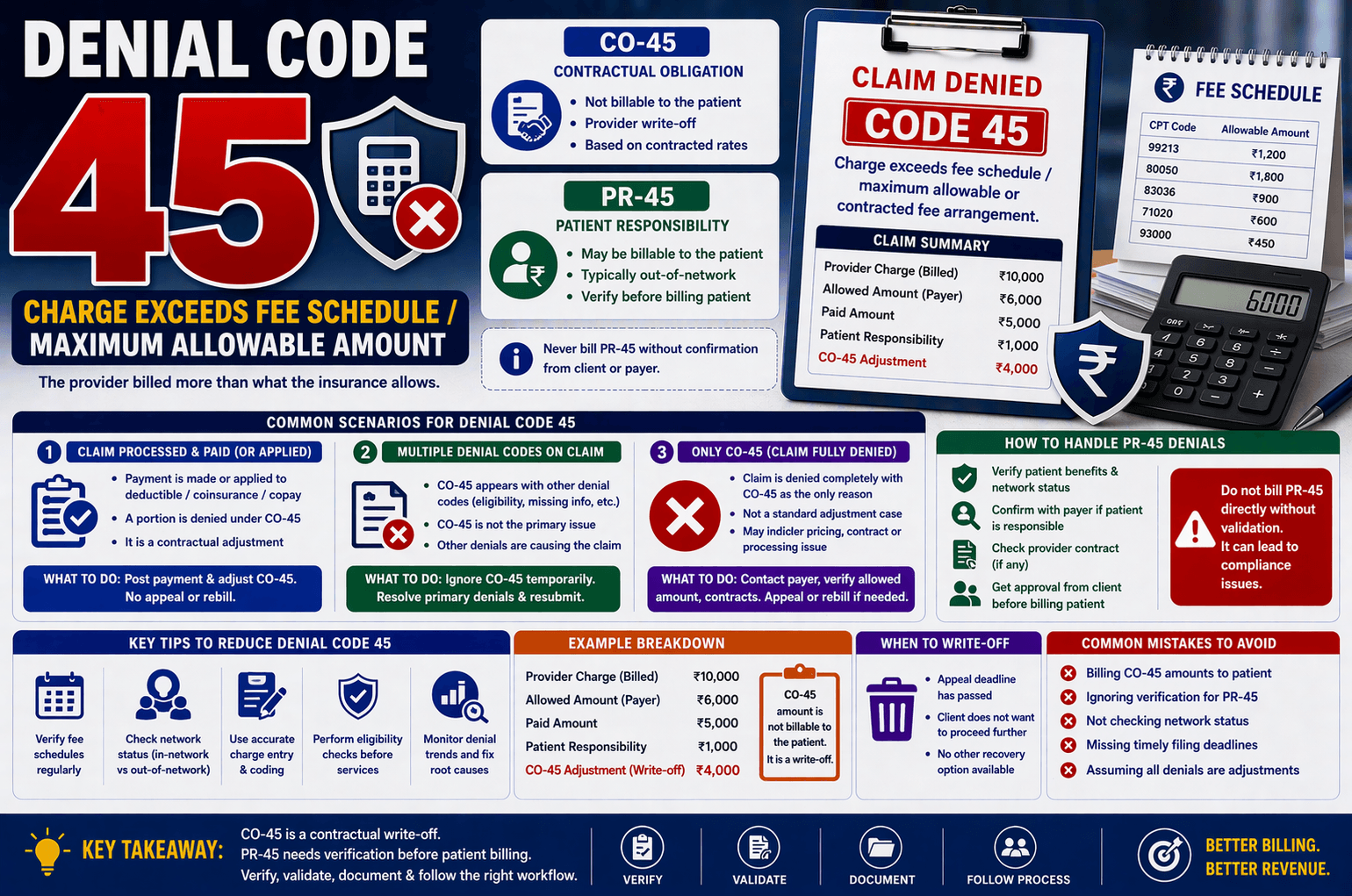 Denial code 45 CO45 PR45 fee schedule adjustment medical billing