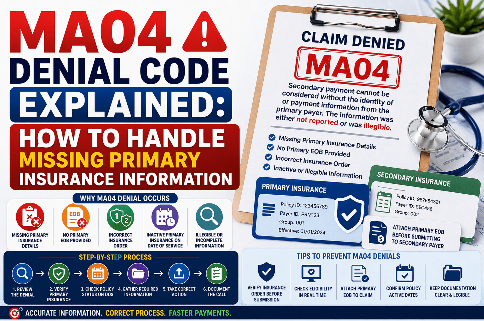 MA04 denial in medical billing due to missing primary insurance information