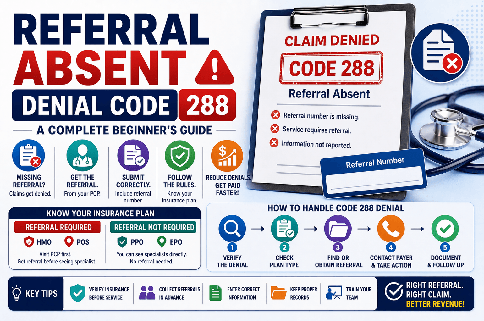 Referral absent denial code 288 in medical billing due to missing referral