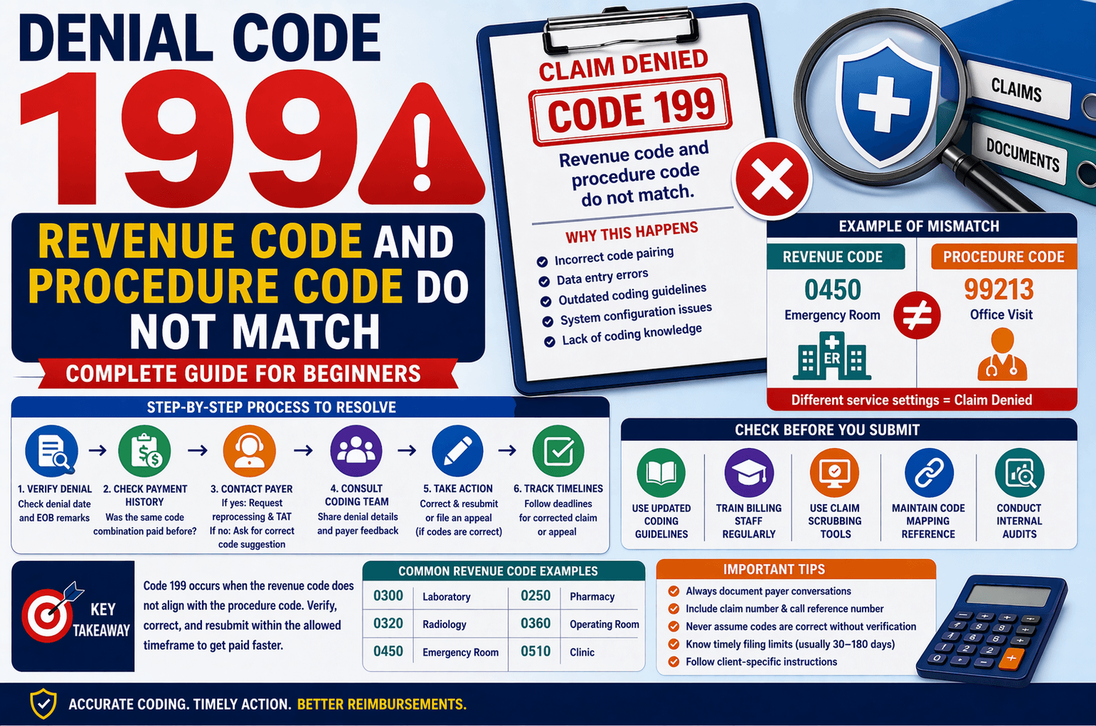 Denial code 199 in medical billing due to revenue and procedure code mismatch